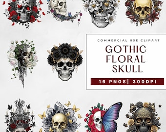 May include: A collection of gothic floral skull clip art images. Each skull is decorated with flowers, butterflies, and other decorative elements. The text "Gothic Floral Skull" is displayed, along with "16 PNGs | 300DPI".