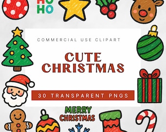 May include: A collection of colorful, hand-drawn Christmas-themed clip art. Includes a Christmas tree, Santa Claus, reindeer, ornaments, a gingerbread man, a gift, a stocking, a candy cane, a snowflake, and the text "Cute Christmas".