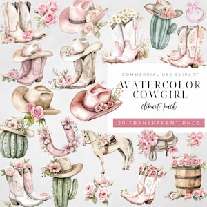 Aquarell rosa Pastell Cowgirl Clipart, Western Cowgirl Stiefel PNG für Kartenherstellung, Gästebuch, Junk Journal, Papierhandwerk, kommerzielle Nutzung