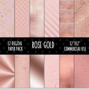May include: A digital paper pack with 12 different rose gold patterns. The patterns include stars, stripes, swirls, and metallic textures. The pack is 12 inches by 12 inches and is for commercial use.