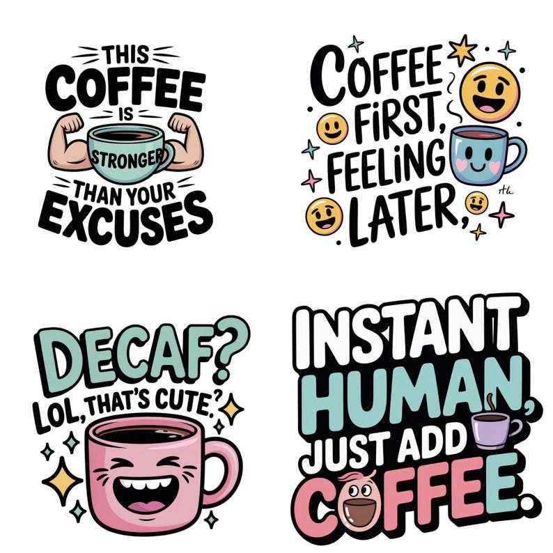 Op de afbeelding: Vier kleurrijke koffie-thema stickerontwerpen. E&eacute;n zegt "This coffee is stronger than your excuses" met een koffiekopje en gespierde armen. Anderen zeggen "Coffee first, feeling later", "Decaf? Lol, that's cute" en "Instant human, just add coffee."