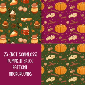 May include: 23 digital pumpkin spice pattern backgrounds. The patterns feature pumpkins, cinnamon sticks, ginger, cloves, and nutmeg on green and purple backgrounds.