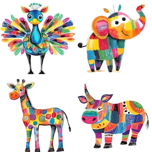 Puede incluir: Una ilustraci&oacute;n colorida de cuatro animales: un pavo real, un elefante, una jirafa y un rinoceronte. Cada animal est&aacute; pintado en un estilo patchwork con colores brillantes y l&iacute;neas audaces.