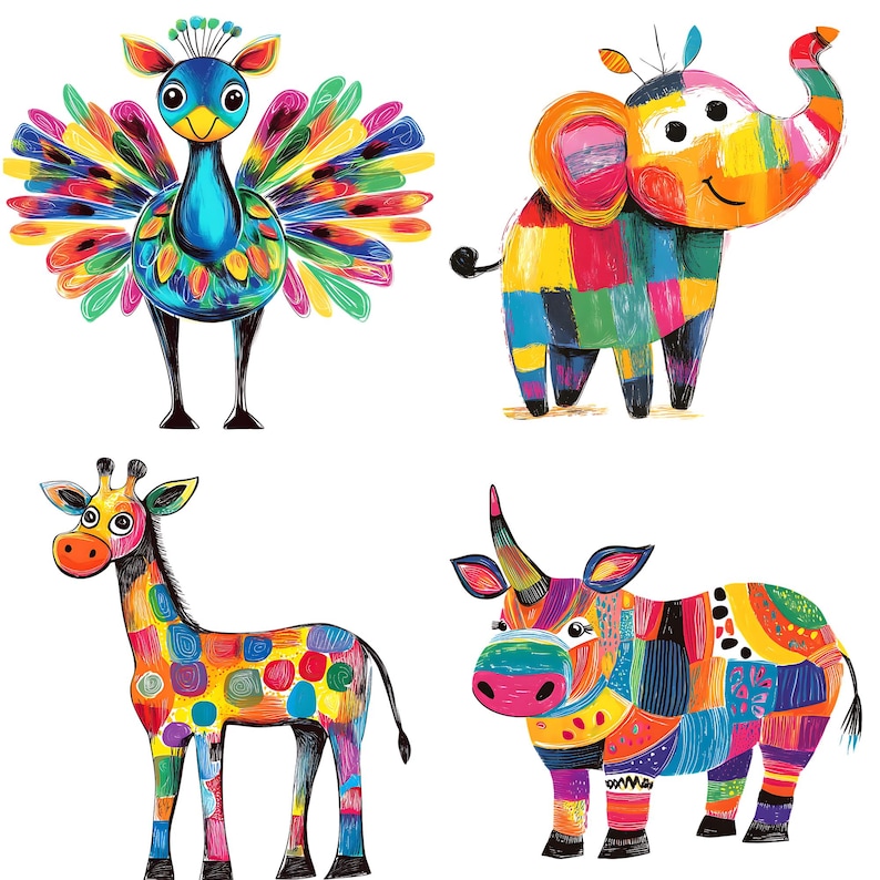 Puede incluir: Una ilustraci&oacute;n colorida de cuatro animales: un pavo real, un elefante, una jirafa y un rinoceronte. Cada animal est&aacute; pintado en un estilo patchwork con colores brillantes y l&iacute;neas audaces.