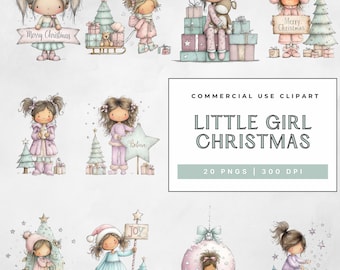 May include: Watercolor clipart set featuring illustrations of little girls with Christmas themes. The images include girls with gifts, Christmas trees, and signs that say "Merry Christmas", "Believe", and "Joy". The set is labeled "Little Girl Christmas".