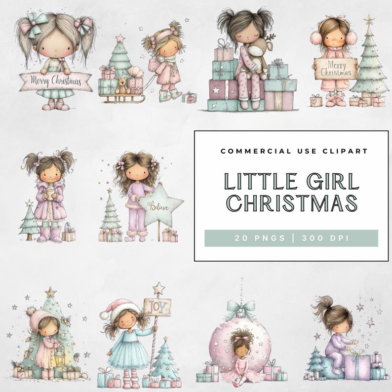 Christmas Little Girl Clipart Bundle, Cute Pastel Holiday Pngs ...