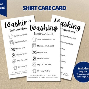 Carte d'instructions de lavage, Carte d'entretien de la chemise, Instructions de lavage des vêtements, Instructions d'entretien des vêtements au format png, Entretien de la chemise par sublimation