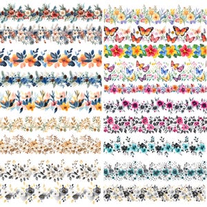 May include: A set of 10 watercolor floral borders with butterflies. The borders feature a variety of flowers in shades of pink, blue, yellow, and green. The butterflies are in shades of blue, purple, and orange.
