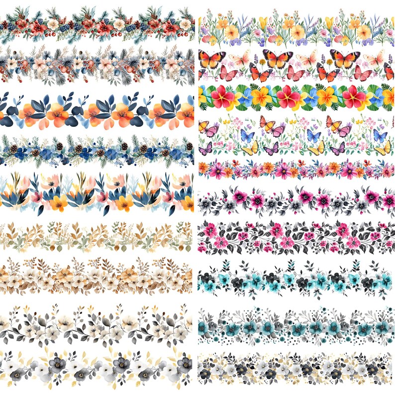 May include: A set of 10 watercolor floral borders with butterflies. The borders feature a variety of flowers in shades of pink, blue, yellow, and green. The butterflies are in shades of blue, purple, and orange.