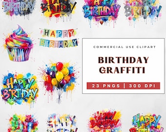 Birthday Graffiti Clipart Bundle: Watercolor Splash PNG Graphics (Commercial Use, Digital Download
