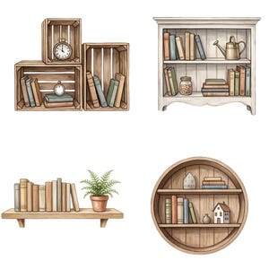 May include: Watercolor illustration of various bookshelves and storage crates. The image includes a white bookshelf, wooden crates, a floating shelf, and a round shelf, all filled with books, clocks, and decorative items.