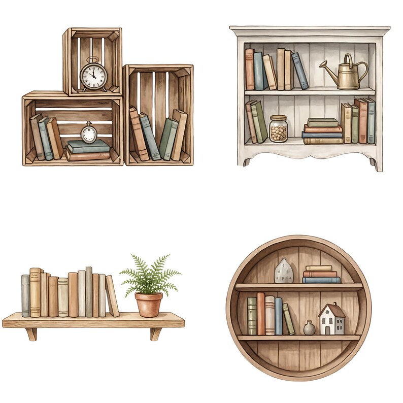 May include: Watercolor illustration of various bookshelves and storage crates. The image includes a white bookshelf, wooden crates, a floating shelf, and a round shelf, all filled with books, clocks, and decorative items.