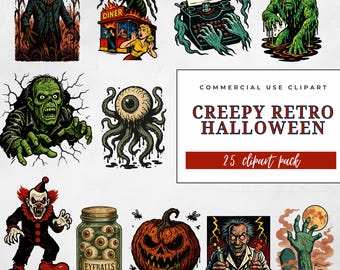 Retro Horror Halloween Clipart Bundle: Vintage Monster Comic PNG Graphics (Commercial Use, Digital Download