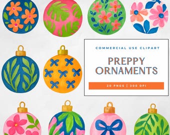 Puede incluir: Una colección de adornos navideños de acuarela con varios diseños. Los adornos presentan patrones florales, de hojas y de lazo en colores vibrantes como rosa, azul, verde y naranja. El texto "PREPPY ORNAMENTS" también es visible.