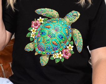 Faux Rhinestone Turtle PNG, Jeweled Sea Turtle Digital Download, Summer Trendy Coastal Design, Tropical Hibiscus Ocean PNG, Nature Lover
