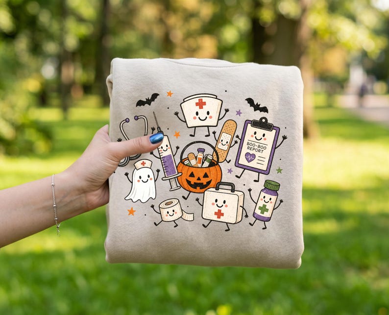 May include: A beige sweatshirt featuring a colorful graphic print of various medical-themed characters including a ghost, a syringe, a jack-o'-lantern, a bandage, a clipboard labeled BOO-BOO REPORT, a first aid kit, and a pill bottle with bats.