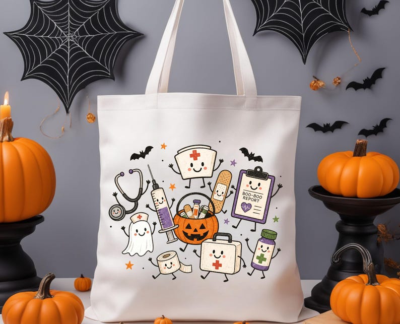 May include: A white tote bag featuring a colorful graphic print of cartoon medical items including a stethoscope, syringe, nurse cap, bandage, clipboard labeled BOO-BOO REPORT, jack-o'-lantern bucket, toilet paper roll, and first aid kit.