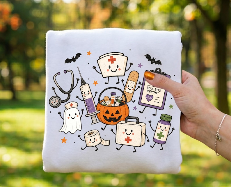 May include: A white sweatshirt featuring a colorful Halloween-themed medical graphic. The design includes a smiling ghost, a stethoscope, a syringe, a jack-o'-lantern candy bucket, a bandage, a first aid kit, and a clipboard labeled BOO-BOO REPORT.