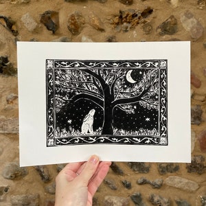 Midnight Hare: Original, hand printed lino cut print Nature Countryside Handmade Linocut UK A4 image 1