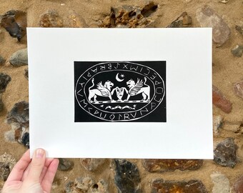 Roman Intalgio: Original, hand printed lino cut print | Wall art | Mythology | Handmade Linocut UK | A4