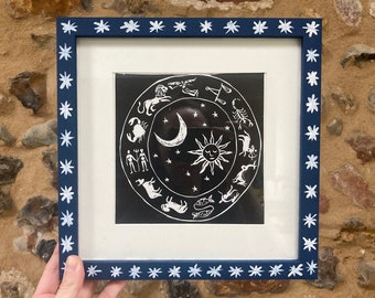 Zodiac wheel: Original, hand printed lino cut print | Astrology | Cosmic | Handmade Linocut UK | A4