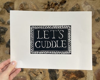 Let's Cuddle: Original, hand printed lino cut print | Handmade Linocut UK | A4