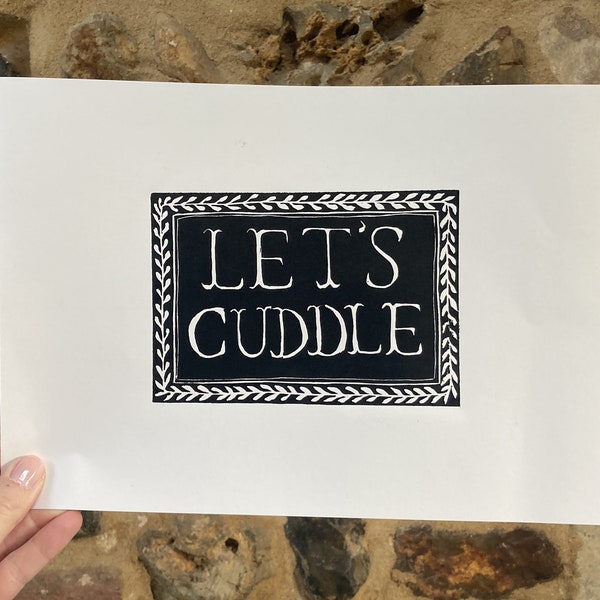 Let's Cuddle: Original, hand printed lino cut print | Handmade Linocut UK | A4