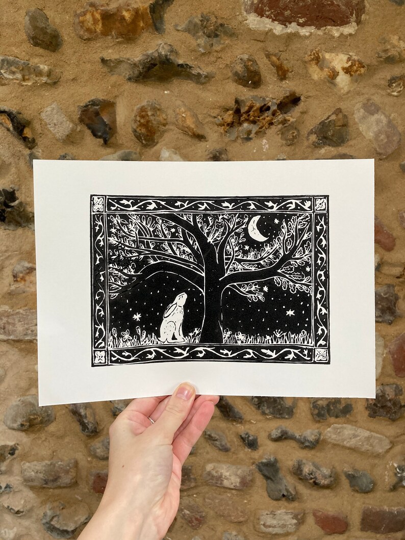 Midnight Hare: Original, hand printed lino cut print Nature Countryside Handmade Linocut UK A4 image 1