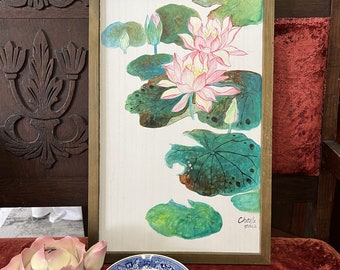 Original artwork painting, Double Lotus Flower, Signed by artist (Cher)