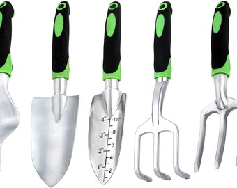 Garden Tool Set, 5-Piece Aluminum Lightweight Gardening kit with Soft Rubber Anti-Skid Ergonomic Handle, Garden Gift kit (Green)