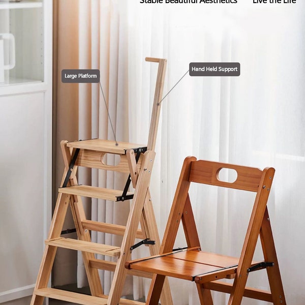 Step Stool, 4-Step folding, portable, made of the solid wood, convertible between the ladder and the chair four colors available