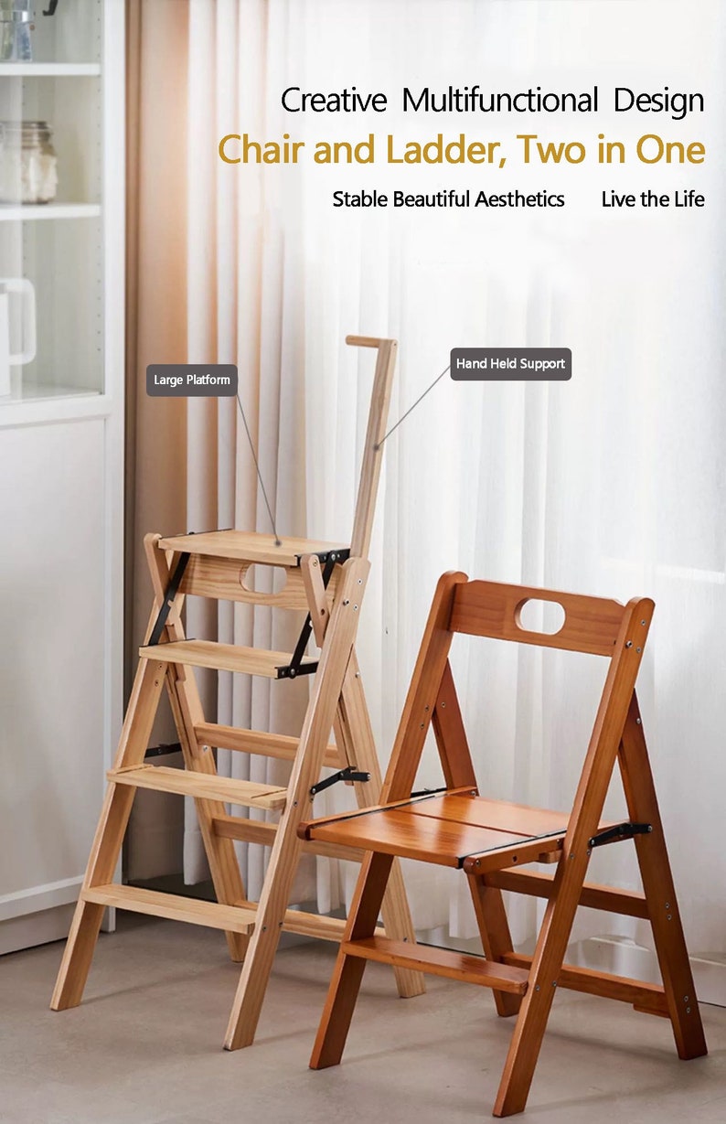 Step Stool, 4-Step folding, portable, made of the solid wood, convertible between the ladder and the chair four colors available image 1