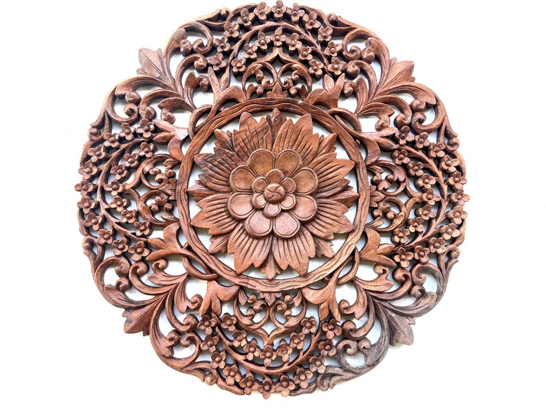 Handcarved Teak Wood Floral Circular Frame 24 Inch Round Wall Hanging