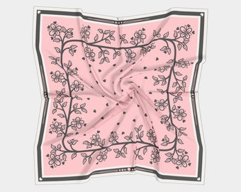 Amelia Falling Hearts & Flowers Habotai Silk Scarf, Blush and Black