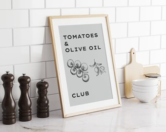 Tomatoes And Olive Oil Club Print -Italian Poster - Tomato Print - Hand Drawn Kitchen Art - Foodie Drawing