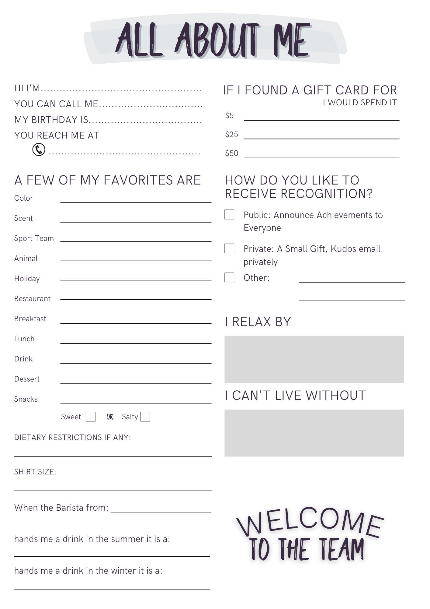 All About Me- Co-worker Questions - Etsy for All About Me Questions Free Printable