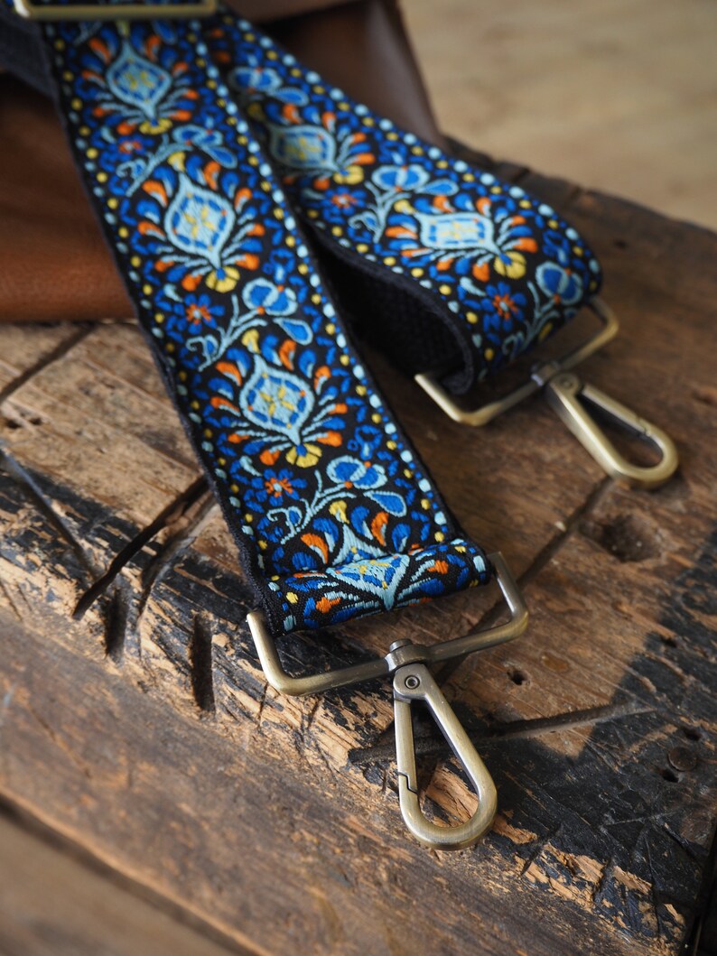 Guitar Strap Crossbody Purse Strap Vintage Style Replacement Bag Strap Floral Blue Design Retro Long Wide Cute Purse Strap