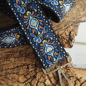 Guitar Strap Crossbody Purse Strap Vintage Style Replacement Bag Strap Floral Blue Design Retro Long Wide Cute Purse Strap