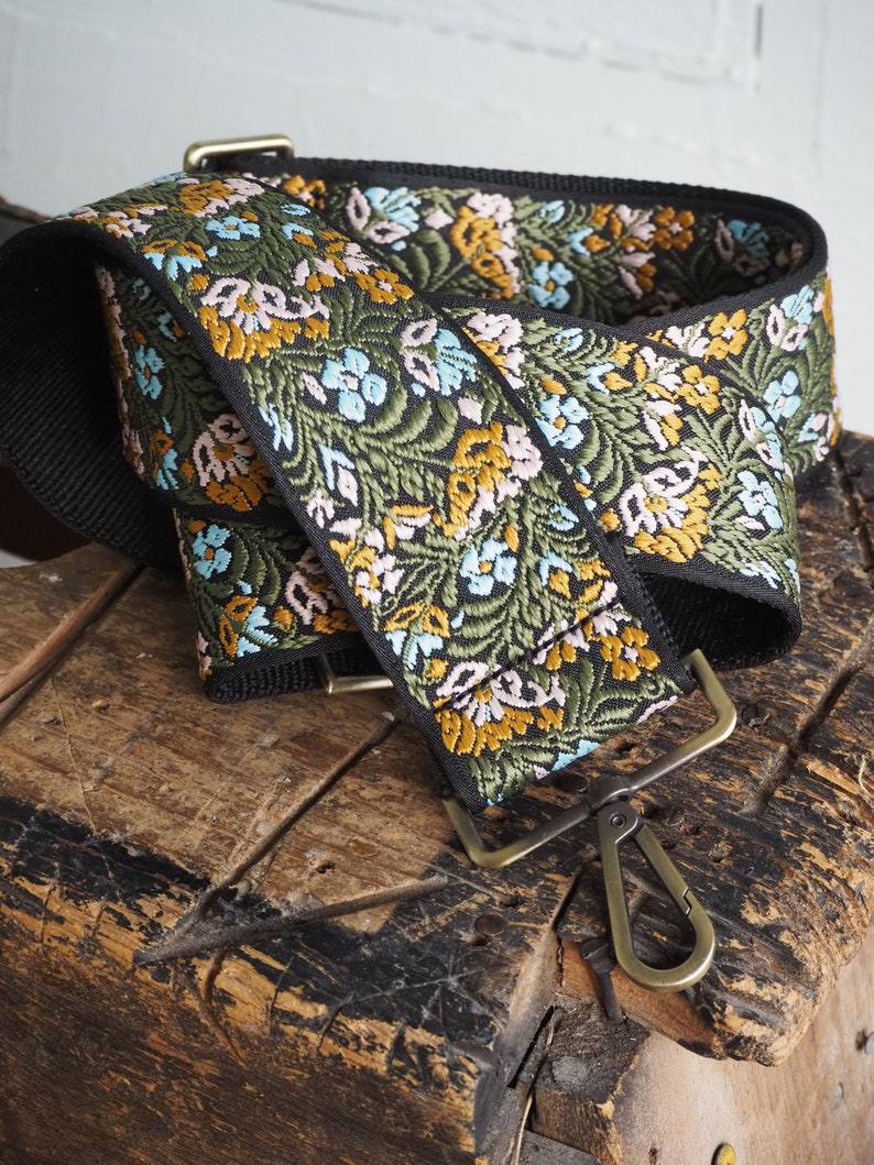 Cute Floral Woven Crossbody Purse Strap - Blue Yellow Green Black Antique Brass
