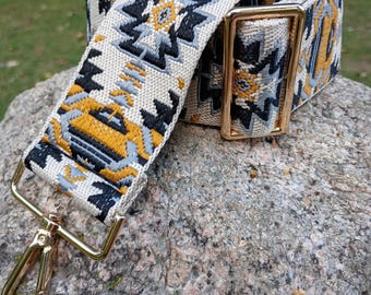 Aztec Southwest Boho Purse Strap: Black, Gold, Gray, Off-White