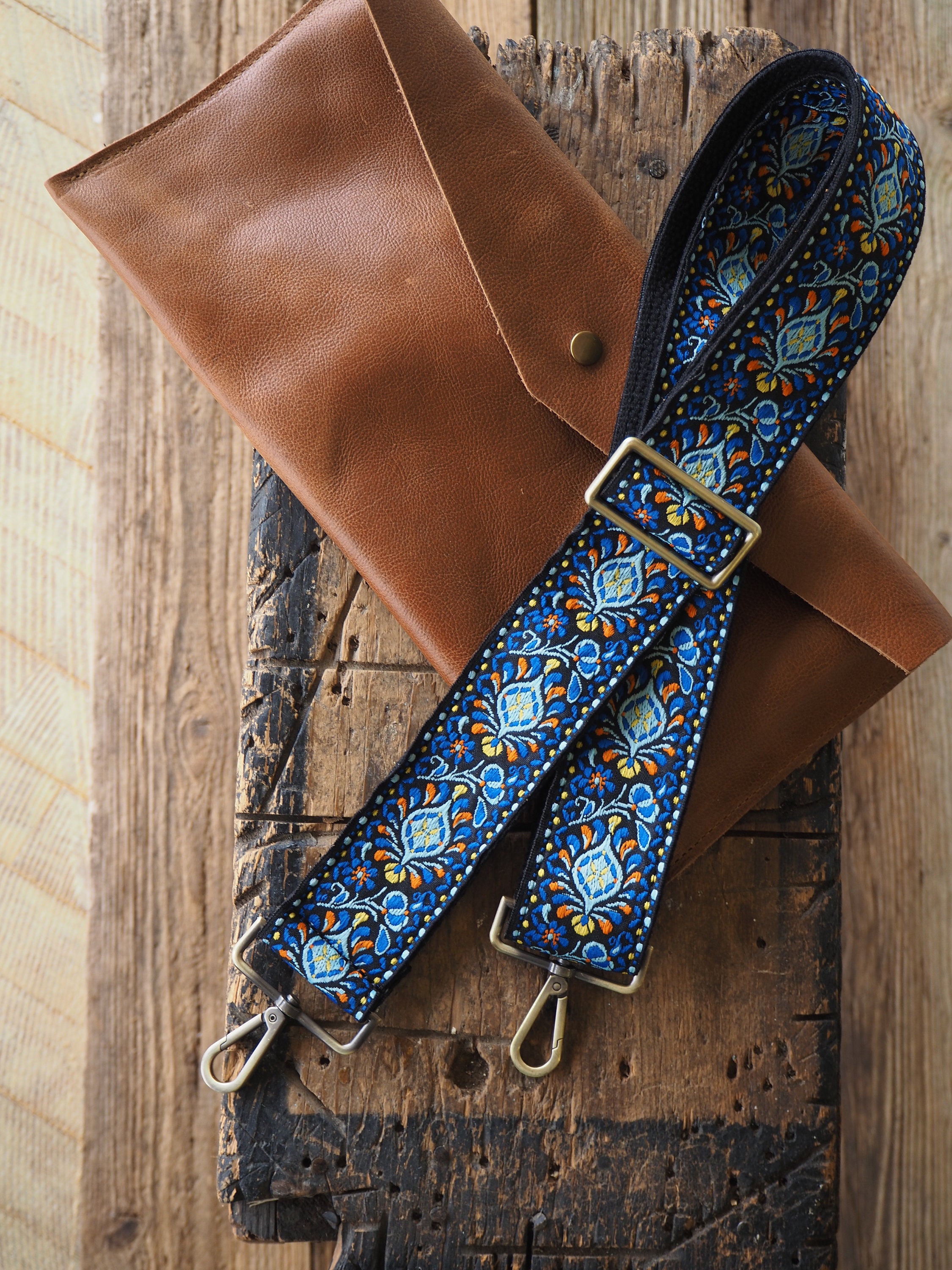 New Vintage woven black base blue floral pattern shoulder strap with clips, 28x2 Floral Purse Strap, Adjustable Woven Bag Strap, Replacement  main image 2