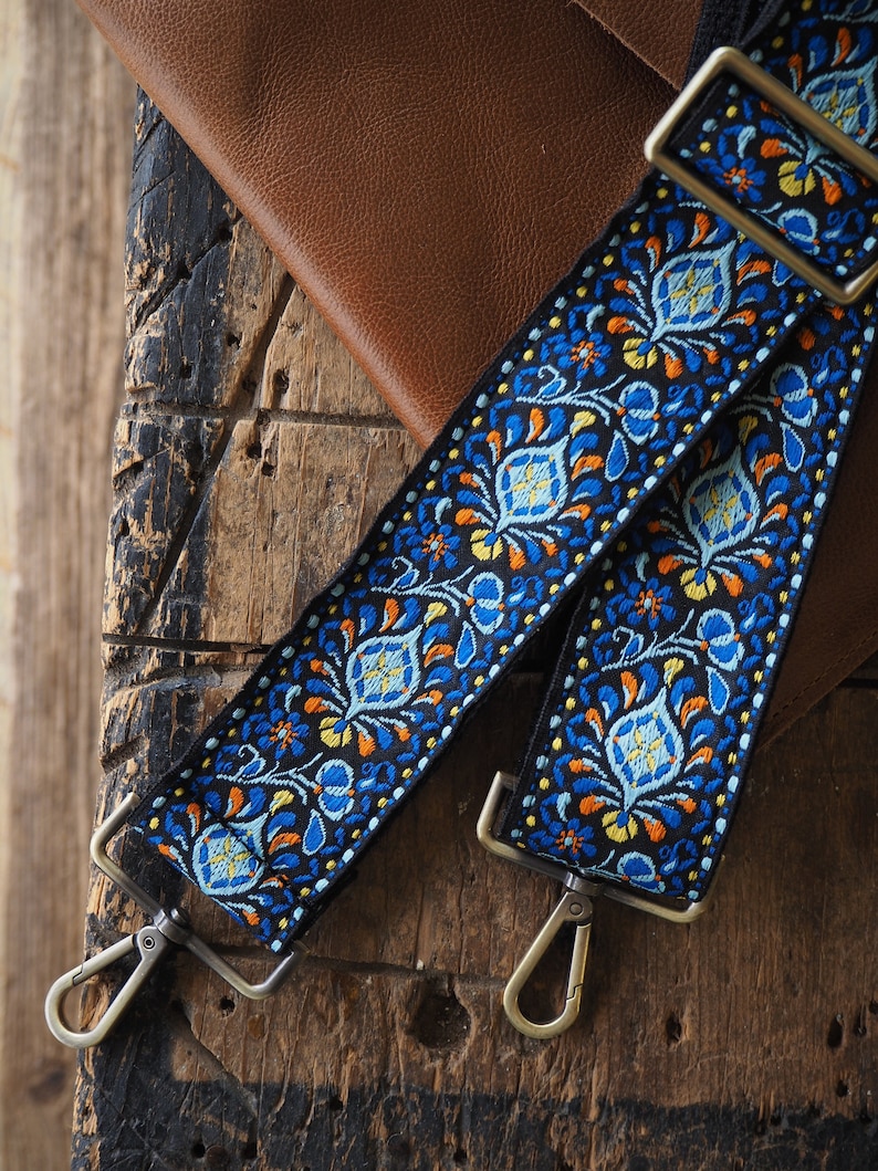 Guitar Strap Crossbody Purse Strap Vintage Style Replacement Bag Strap Floral Blue Design Retro Long Wide Cute Purse Strap