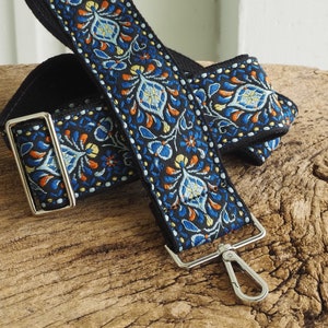 Guitar Strap Crossbody Purse Strap Vintage Style Replacement Bag Strap Floral Blue Design Retro Long Wide Cute Purse Strap