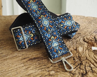 Retro Floral Woven Replacement Crossbody Guitar Purse Strap  - Blue and Black