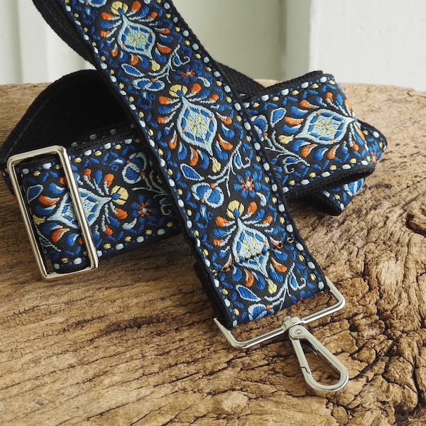 Retro Floral Woven Replacement Crossbody Guitar Purse Strap  - Blue and Black