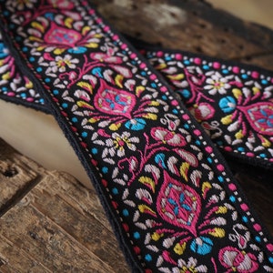 Guitar Strap Crossbody Purse Strap Vintage Style Replacement Bag Strap Floral Pink Black Blue Yellow Soft Long Wide Cute Purse Strap Handmade Made In USA Retro