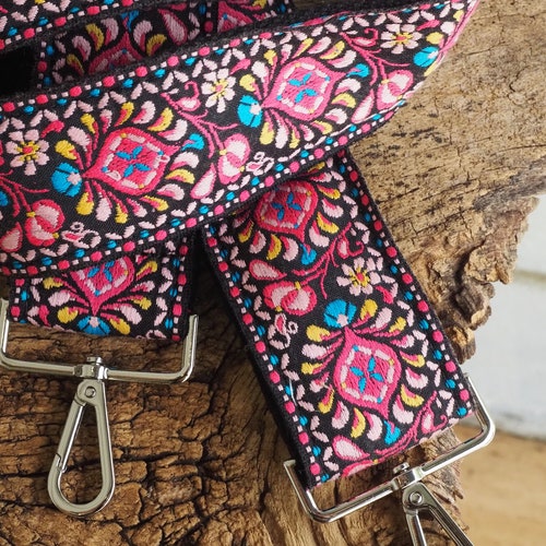 Retro Floral Woven Crossbody Guitar Style Purse Strap  - Pink and Black