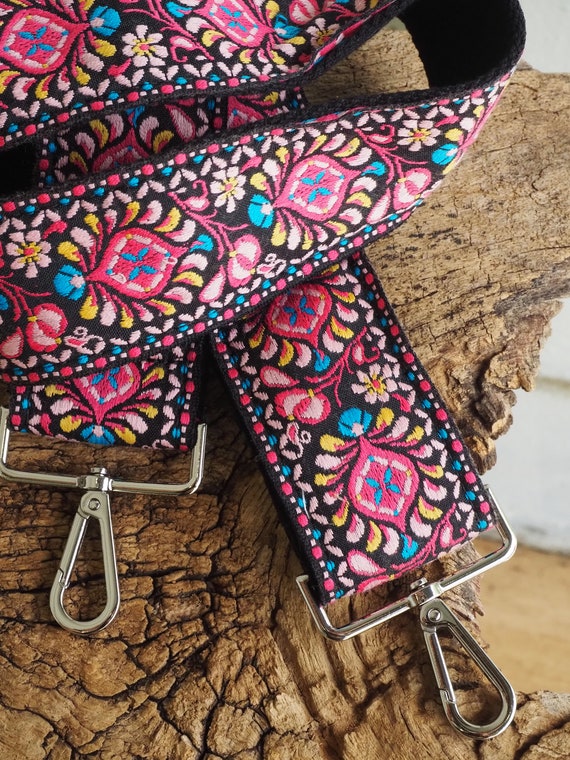 Retro Floral Woven Crossbody Guitar Style Purse Strap  - Pink and Black