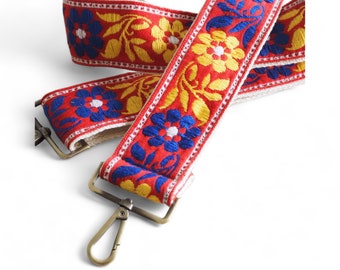 Retro Floral Woven Crossbody Guitar Style Purse Strap  - Red Yellow Blue