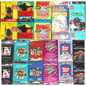 May include: A collection of various vintage trading card wax packs featuring themes such as Batman Returns, Robin Hood, Desert Storm, Pocahontas, Spawn, Disney characters, Looney Tunes, and Corvette cars, all displayed in a grid-like arrangement.